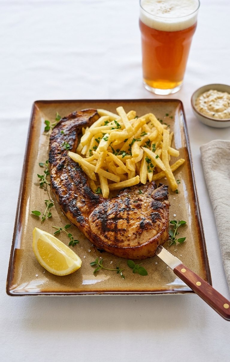 A grilled pork tomahawk steak on the bone, served with chips, a lemon wedge and fresh herbs, with a glass of beer alongside