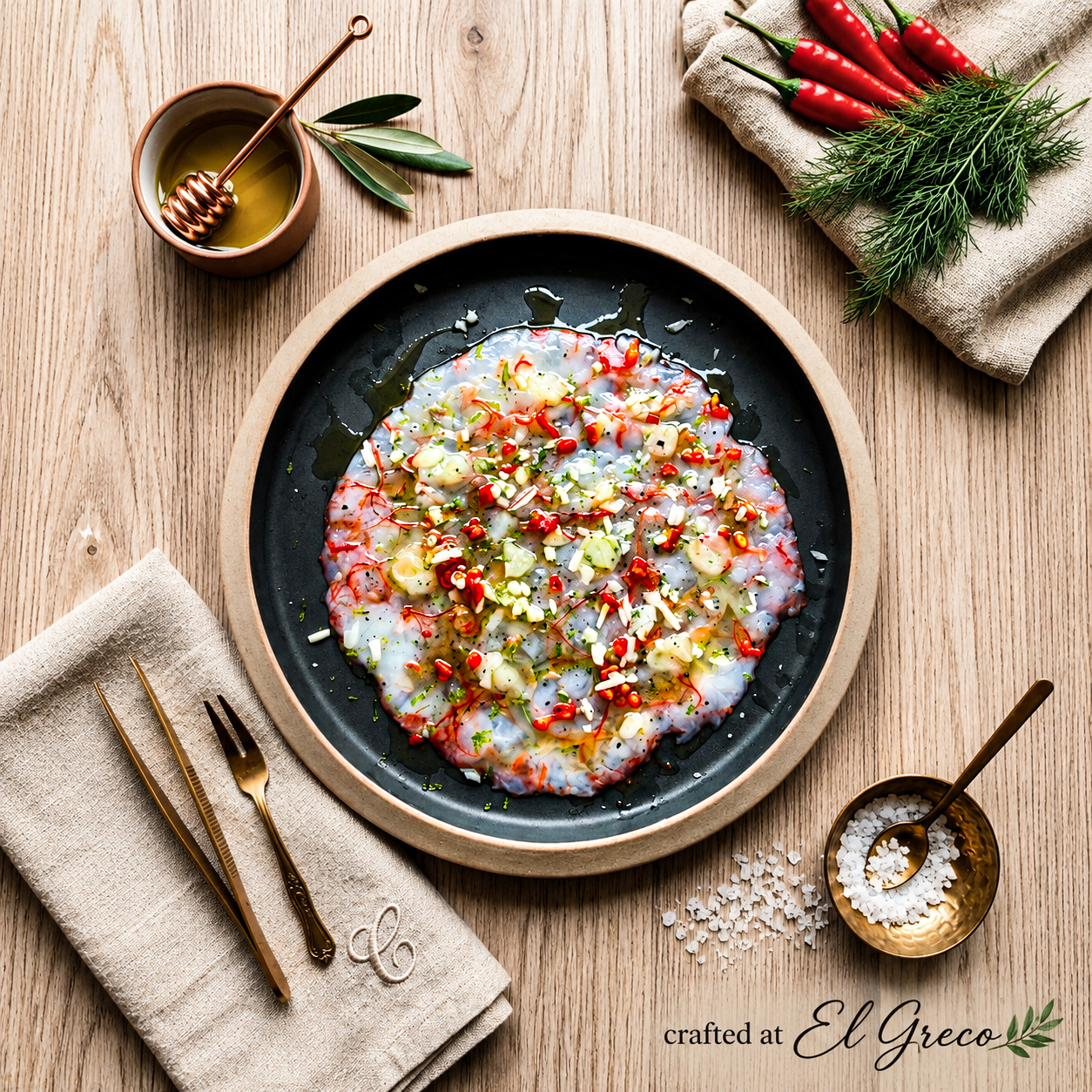 Prawn carpaccio dressed with chilli, spring onion and lime zest on a dark plate, with dill and olive oil alongside