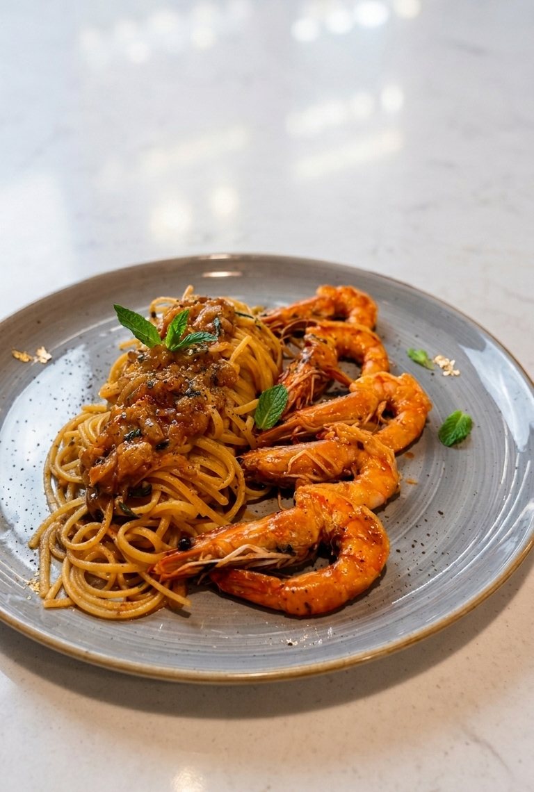 Spaghetti in a tomato sauce with large grilled prawns and fresh mint