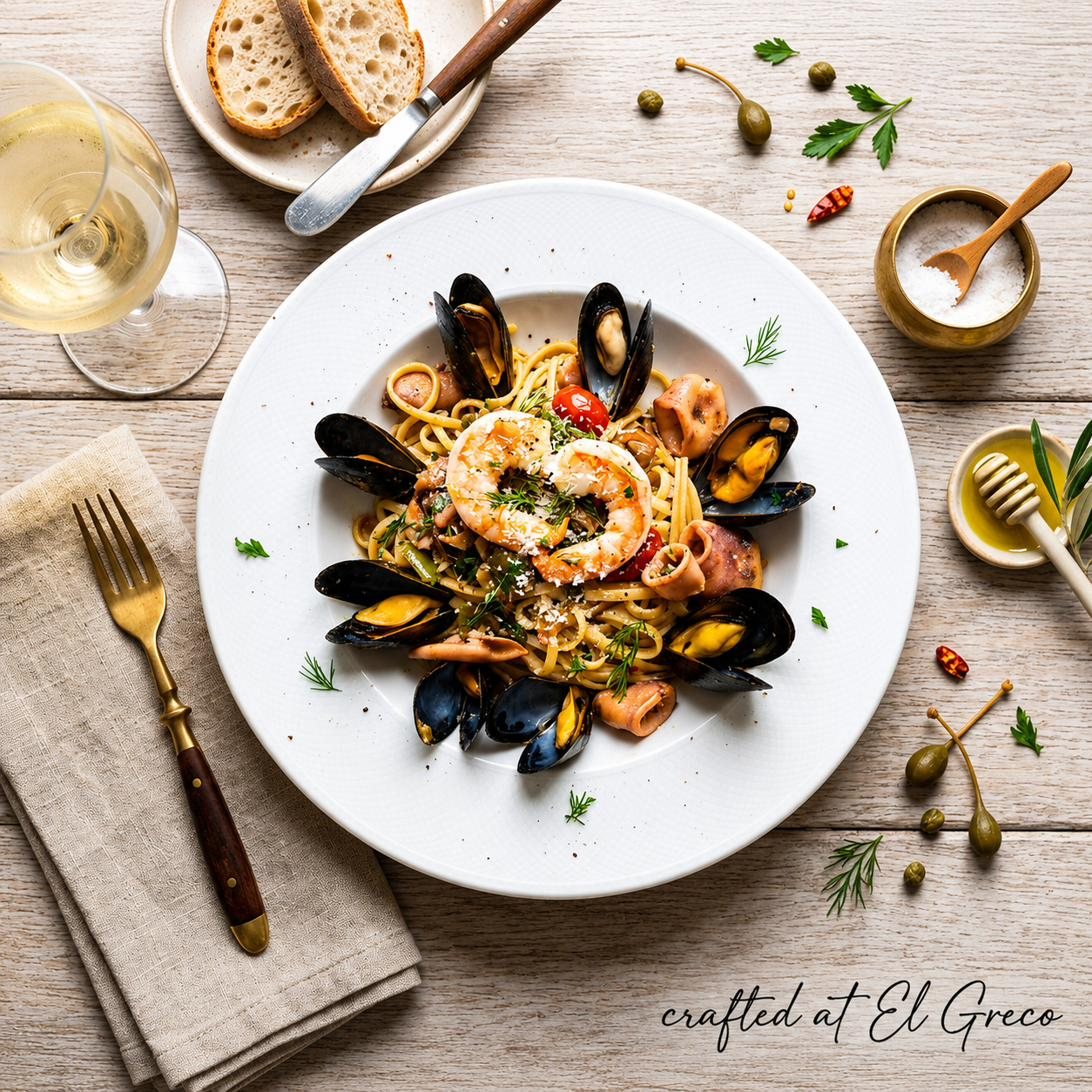 Seafood linguine with mussels, prawns and calamari on a white plate, with bread, capers and a glass of white wine