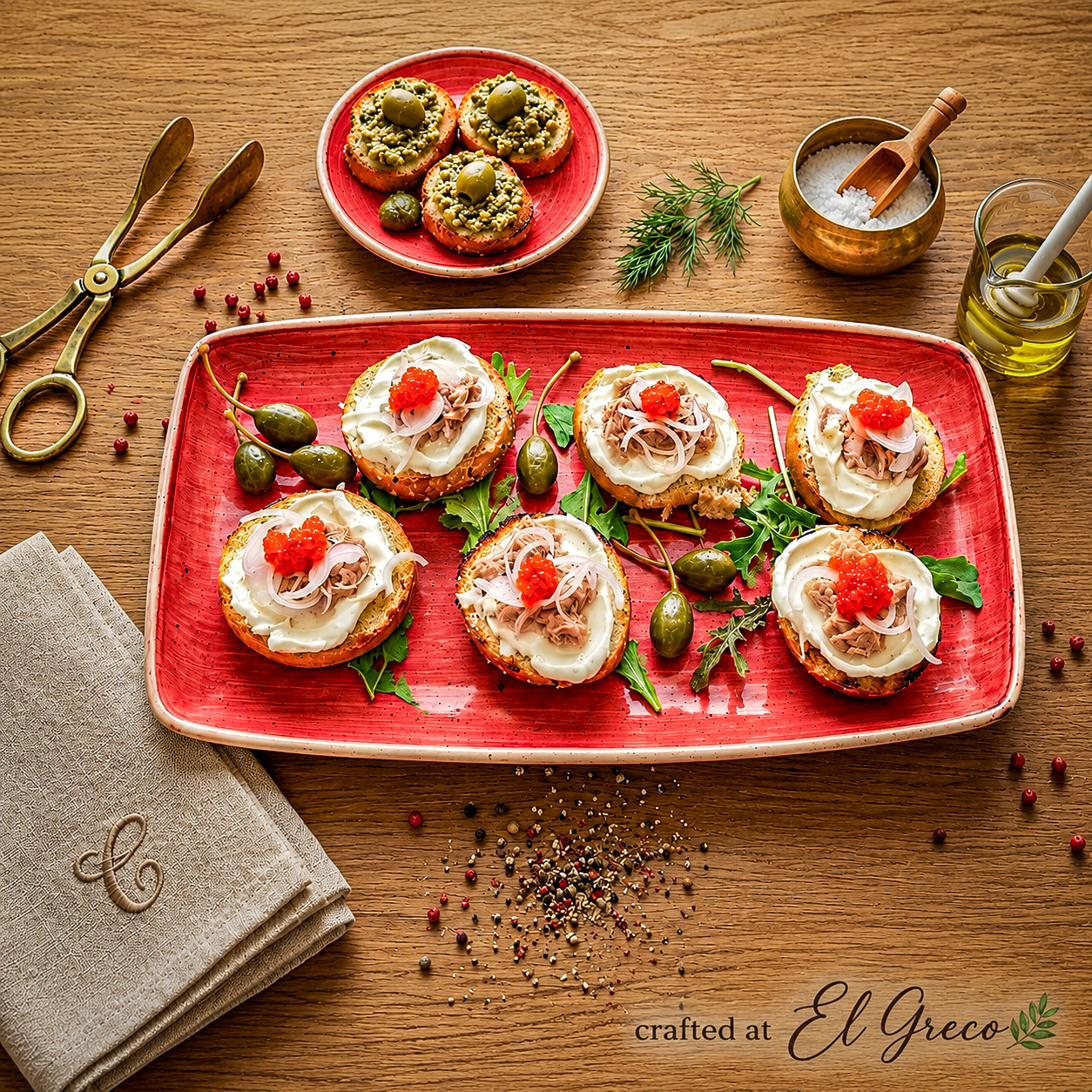 Six crostini topped with cream cheese, tuna, shallots and orange roe on a red platter, with caper berries